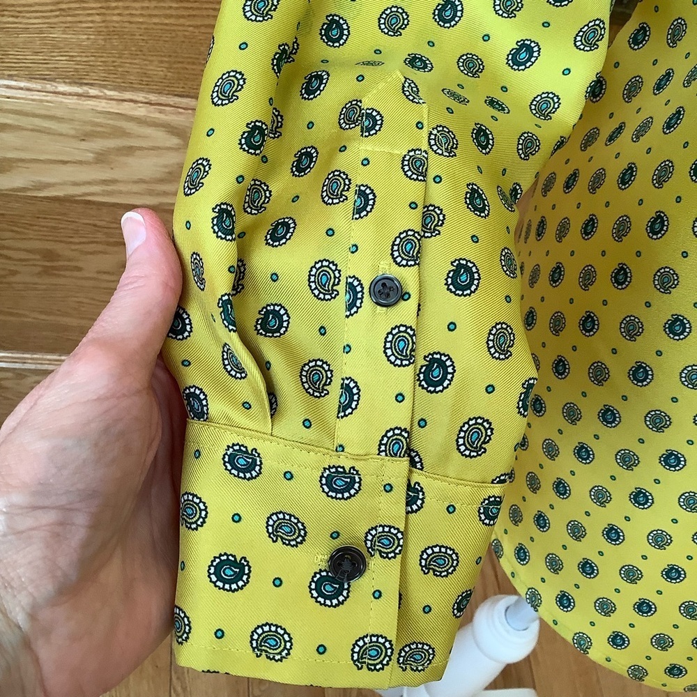 BANANA REPUBLIC 100% Silk Paisley Button Down Shirt Yellow Teal Green Blouse S - Picture 8 of 11